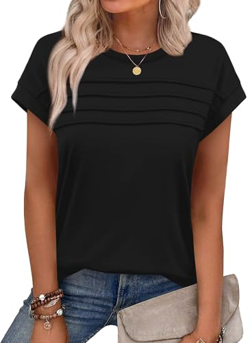 Chicrise Women's T-Shirts Sleeveless Pleated Round Neck Blouses Cap Sleeve Plain Vest Tops Simple Black Large 16-18