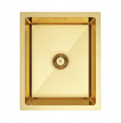 ANW HOME Undermount Gold Kitchen Sink Drop in 37x45 cm with Siphon, Strainer Waste & Overflow Kit, Topmount Single Bowl 304 Stainless Steel