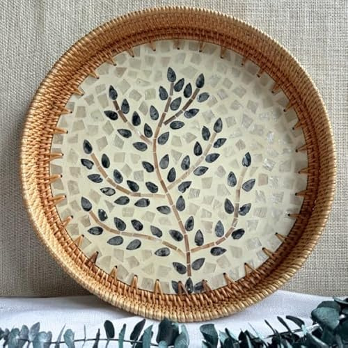 LOVECOCO - Handmade Round Rattan with Mother of Pearl Inlay, Decorative Wicker for Coffee table, Breakfast, Food, Storage, and Display – Elegant Artisan – Large – Dark tree