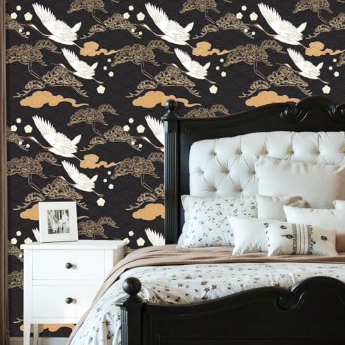 Peel and Stick Wallpaper Japanese seamless crane birds elements Asian oriental decoration such Removable Wallpaper Contact Paper for Living Room Bedroom Bathroom Kitchen Countertop 60cm x 300cm