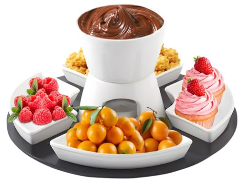 Chingcoo Keramik Schokofondue Set, Keramik Schokoladen Fondue mit Holzpalette 4 Tellern, Schoko Fondue Käsefondue, Schokoladenschmelztopf Teelichtfondue für Süßigkeiten, Käse, Karamell