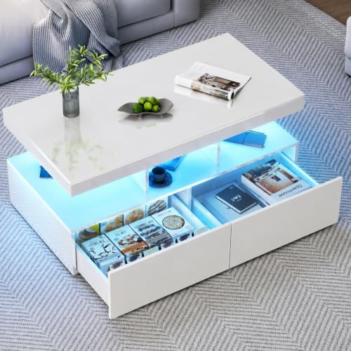 BRILVERDE Hochglanz Couchtisch, Wohnzimmertisch mit 16-Farbiger LED und 2 Schubladen, Moderner Sofatisch mit Stauraum, Beistelltisch mit 5 Ablageebenen (Weiß, 104 x 53 x 46 cm)