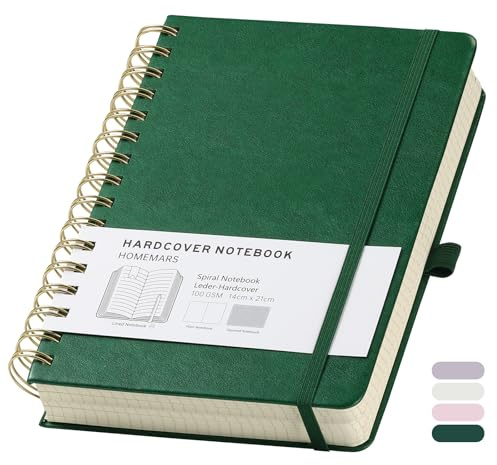 HOMEMARS Cuaderno de Puntos A5, Bullet Dot Journal,bloc de notas A5, Cuaderno de espiral, 300 Páginas, 100 g/m², 14,8 cm x 21 cm, Verde, Cubierta de Cuero, Trabajo y Oficina.Dotted