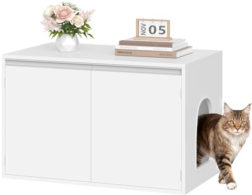Hzuaneri Katzenschrank, 80cm Katzenklo Schrank Abnehmbarer Trennwand, Weiß | Katzenhaus Verstellbarer Einlass (Links oder Rechts) Seitenwand, Rutschfesten Ecken, 80 x 48,3 x 48,5 cm, CB01403X
