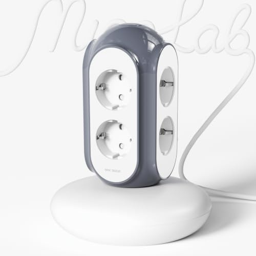 MiaoLab Regleta Torre 6 Tomas AC, 3680W/16A, Protector sobretensiones 1420J, Base con Peso 479 g Anti-vuelco, Cable 2 m, protección sobrecarga (Gris Basalto)