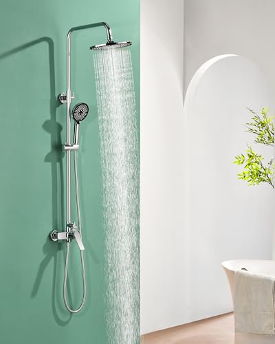 Baollansa Shower Mixer Set, Shower System with 9 Round Overhead Rainfall Shower Head with 3-Function Handheld Shower, Riser Rail,Adjustable Height Shower Set,Solid Brass Mixer Valve(Chrome)