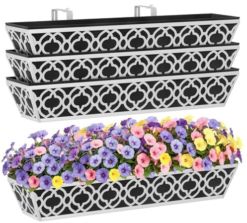 HFHOME 4Pcs 76.2cm/30in Large Metal Window Box, Outdoor Hanging Flower Boxes with Non-Woven Fabric Liner & Adjustable Brackets, Wall Trough Planter for Balcony Terrace Fence Garden