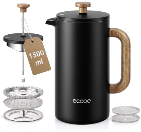 ecooe French Press Kaffeepresse 1,5 L Edelstahl Ddoppelwandig (Schwarz) | Thermo Kaffeebereiter aus 18/10 Edelstahl mit 2 Ersatzfiltern für Kaffee, Tee, Büro, Camping und Familie