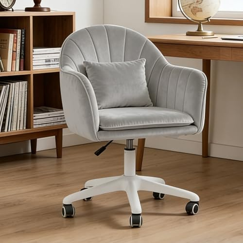 Erlium Ergonomischer Bürostuhl, 360° drehbar Höhenverstellbar, SamtStuhl mit Kopfkissen, Homeoffice Stuhl bis 250 PFD Belastbar, Schminktisch Stuhl, für Studierzimmer, Schlafzimmer, Wohnzimmer, Grau