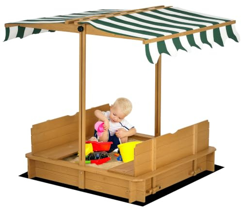 Outsunny Sandkasten Kinder 106x106 cm Höhenverstellbar Abdeckung Grün | Sandkiste Sandbox Aus Holz, Sitzbänken Mit Rücklehnen, für Outdoor Garten Terrasse Balkon
