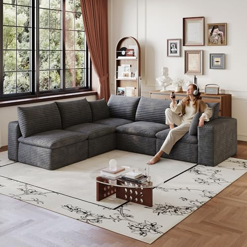 Cloud Sofa aus Corduroy-Stoff, Ecksofa mit rechter Recamiere & tiefer Liegefläche, Doppelschicht ohne Montage, abnehmbare Polsterung – Couch für Familienkino, Schlafzimmer & Konferenzraum, Dunkelgrau