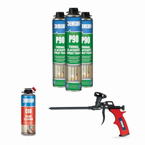 Demsun 3 Pcs 850 ml P90 Acoustic & Thermal Expanding Foam Kit with Gun & Cleaner, Gap Filler, Soundproofing Spray, Professional PU Sealant Bundle for Walls & Cavities