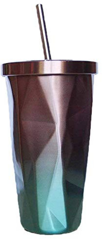 DUBENS Thermobecher Smoothie Saft Kaffeetassen Edelstahl Doppelwandig Vakuum Reisebecher mit Deckel und Strohhalme fur Warme/Kalte Getränke, Insulated Travel Mug Unregelmäßiger Diamant, 500ml (Braun)