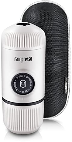 WACACO Nanopresso máquina de café espresso portátil con protectora Nanopresso S-Case adjunto, actualización de la de Minipresso, Cafetera de viaje, Operado manualmente (Blanco frío)