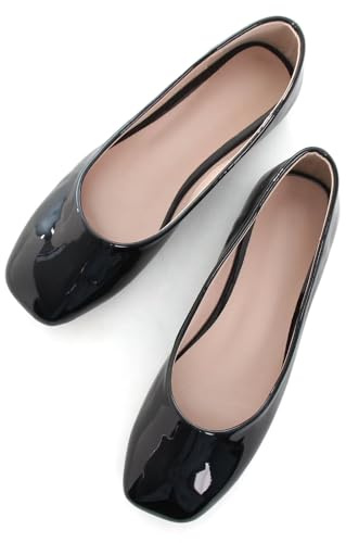 SAILING LU Women's Flats Shoes Black Comfortable Memory Foam Square-Toe Slip On Casual Ballet Flats Solid Patent Leather Dress Shoes Size 8.5