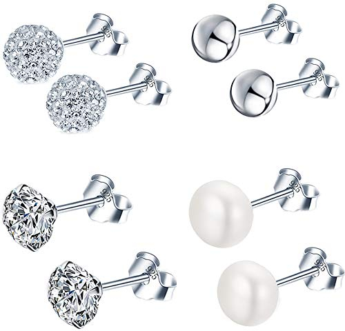Epoch World 4 Paare Basic Damen Ohrringe 925 Sterling Silber Ohrringe mit Zirkonia Kristall Perlen Ohrstecker Set Kleine Kugel Ohrringe Stecker Ohrringe für Damen Frauen Mädchen