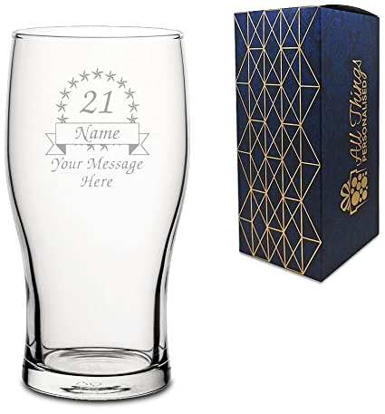 Personalised Engraved Novelty Pint Glass with Ribbon and Stars Birthday Design, Gift Boxed, Personalise for Any Birthday by Adding a Name and Short Message