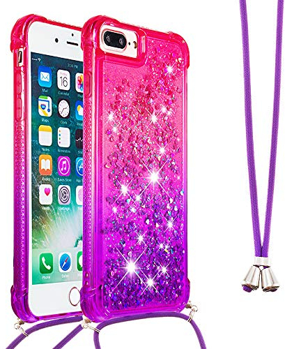 Funda con Cuerda para iPhone 6S Plus / 6 Plus,Carcasa iPhone 6S Plus,Brillante Brillo Liquida Quicksand de Cuello Cadena Carcasa Transparente Silicona TPU Case con Collar Correa,YB GS Pink Purple