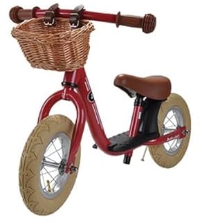 Bandits & Angels Laufrad aus Metall mit Weidenkorb Retro Rot mit Trittbrett ab 2 Jahren – Rotes Lauflernrad – Verstellbarer Sattel 29 bis 39 cm – Für Jungen und Mädchen – Niedriger Einstieg