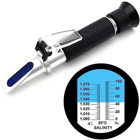 Hallocool Salinity Refraktometer für Meerwasser Aquarium Marine Fischhaltung Salinity Meter mit ATC, DualSkala 0100 PPT & 1.0001.070 Spezifische Schwerkraft Salzwasser Meter Tester für Ersatz Saline