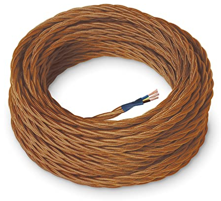Amarcords - Cable de tela color WHISKY, trenzado, seda, 10 metros, con tierra 3x0,75 - Hilo eléctrico textil de color estilo clásico para lámparas bricolaje y iluminación vintage.