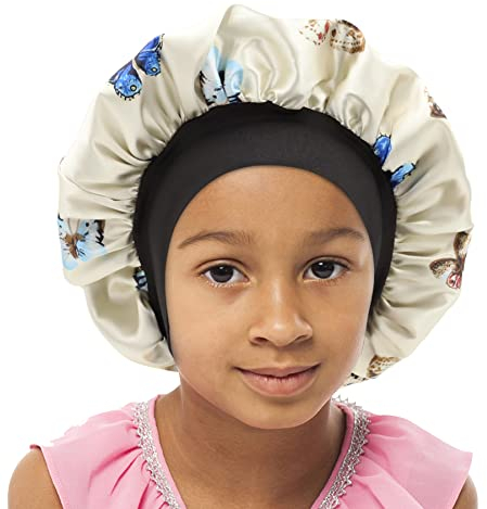 SENGTERM Kinder Satin Schlafmütze Jungen Mädchen Doppelschichten Satin Motorhaube seiden Nachtmütze Elastisches Band Satin Bonnet Night Cap für Haare Haarpflege (2-8 Jahre) (Butterfly, Einheitsgröße)