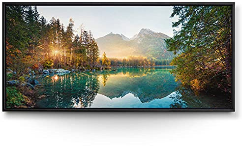 BilderKing Wandbild Wasserfall Hintersee Bayern - 110cm x 50cm Leinwand auf 2cm Keilrahmen mit Schattenfugenrahmen schwarz