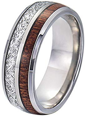 Gualiy 8MM Titan Stahlring für Herren Silber Meteorit and Holz eingelegt Ehering Herren Titan Silber Bandring Fingerring für Valentinstag Weihnachten Geburtstag Größe 57 (18.1)