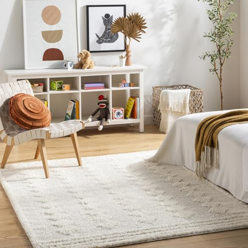 Livabliss Libez Shaggy Rug - Modern Runner Rugs Living Room, Hallway 160x213 cm, Soft Shaggy Rugs for Bedroom - Neutral Boho Fluffy Rug, Easy Care Plush Thick Pile - Beige and White Rug