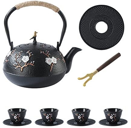 SECHUDO Tea Set Tea Kettle Japanese Style Beautiful Black Cast Iron Teapot Set with 4 Cups,4 Cup Mats,1 Trivet and 1 Lid Holder,40.6oz Teapot with Infuser for Stove Top Safe