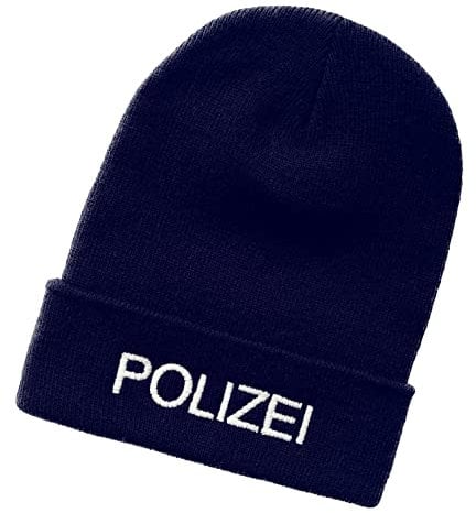 Schnoschi Dunkelblaue Strickmütze mit breitem Umschlag (Beanie Mütze) mit Polizei Bestickt für Herren, Damen, Jugendliche und Kinder