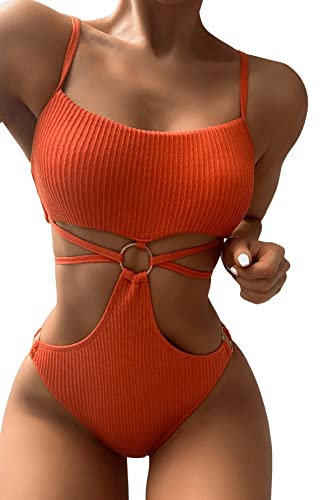 GORGLITTER Damen Badeanzug Cut-Out One Piece Swimwear Bügellos Spaghettiträger Einteilige Bademode mit Ring Orange gebrannt M