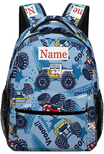 Mraxovid Rucksack mit Namen, personalisierbar, für Kinder, Schultasche, Jungen, Mädchen, Teenager, Rucksack mit Brustgurt, Monster Truck Rucksack-2