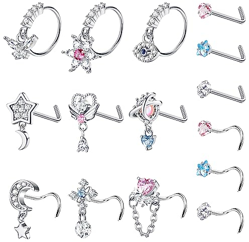 CASSIECA 15Pcs 20G Silber Nasenpiercing für Damen Chirurgenstahl Nasenstecker Nasenringe Hoop Gold Silber CZ Herz Kreuz Mond Blume Dangling Nostril Piercing Nose Stud Nose Rings