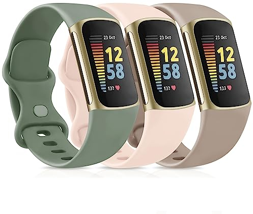 Vancle 3PACK Armbands für Fitbit Charge 5 Armband Fitbit Charge 6 Armband Damen Herren,Silikon Sport Weiches Ersatzarmband Uhrenarmband für Fitbit Charge 6/5(S,Hellrosa/Milchtee/Avocadogrün)