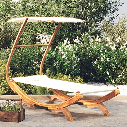 Yolola Doppel-Sonnenliege mit Dach Sonnenliege Doppelliege mit Dach für 2-Personen Sonnenbett Outdoor Doppel Gartenliege mit Sonnendach für Garten Balkon, Bugholz Massiv, Creme