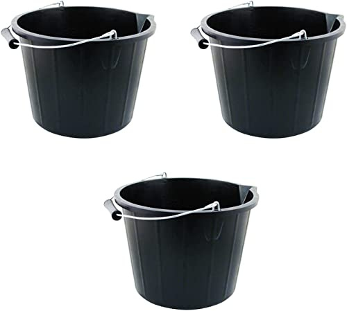 (Set of 3) 14L Litre Strong Plastic Builders Bucket 3 Gallon Multipurpose Storage Construction Bucket With Metal Handle & Spout For Cleaning Animal Feed Mixing Home & Garden Made in UK (Black)
