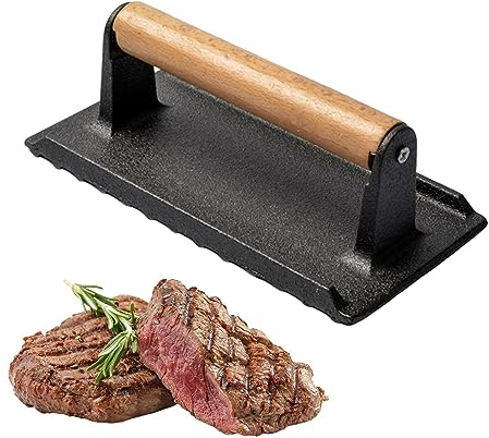Aznever Griglia in ghisa pressata Piatta, Pressa in ghisa per impieghi gravosi e Peso per Bistecca con Manico in Legno, per Barbecue per Pancetta, Tacos, Salsicce, Carne