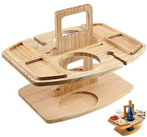 Wood Wine Table Picnic Table Portable Detachable Wine Table with 2 Wine Glasses Holder Stylish Wooden Mini Snack Tray for Wine Lovers Outdoors Events, Beach, Camping