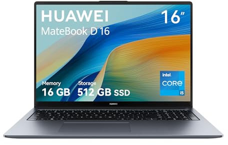HUAWEI MateBook D16 Laptop, Display FullView da 16 Pollici, Processore Intel Core i5, 16GB RAM, 512GB SSD, Windows 11 Home, Peso di 1.68 kg, Grigio Spaziale