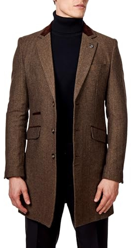 Xposed Menâ€™s Herringbone Long Overcoat Classic Wool Blend Tailored Fit 3/4 Mid Length Coat Jacket [COAT-COSMO-BROWN-46UK]