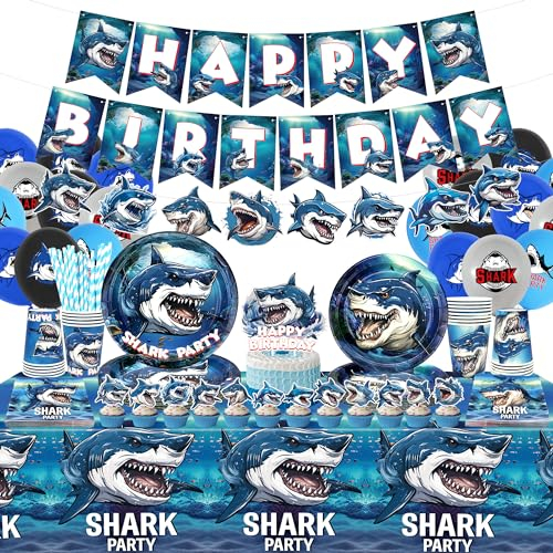 Decoración de fiesta de cumpleaños con tiburón – platos, tazas, servilletas, manteles, pancartas, globos, lazo, decoración para tartas para niños océano temática de fiesta