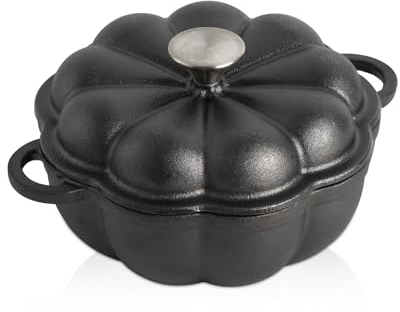 Pre-seasoned Cast Iron Garlic Roaster, Heavy Duty Garlic Roaster with Lid, Pumpkin Shaped Garlic Baker Garlic Cooker for Oven, Grill, Stove, BBQ, Barbecue (8.66” L x 7.08” W x 5.12” H/Black)