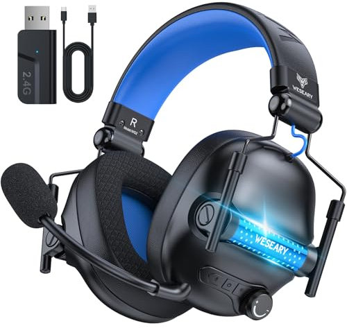WESEARY Bluetooth Kopfhörer, 2,4G Wireless Gaming Headset mit Mikrofon für PS5, PS4, PC, Switch, Mac, Faltbarer Surround Sound Noise Cancelling mit LED Licht, Über 50 Stunden Akkulaufzeit