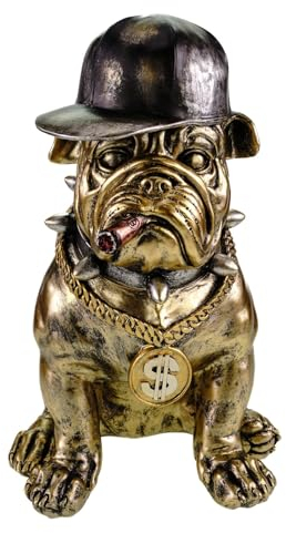 Kremers Schatzkiste XL Bulldogge mit Cap und Zigarre 33cm Moderne Dekofigur Polyresin - Gold/Schwarz