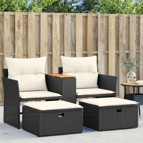 Willood Gartensofa 2-Sitzer mit Hockern Schwarz Poly Rattan ohne Vordach Outdoor Sofa mit Sonnendach, Terrassensofa mit Hockern, Gartenmöbel Sofagarnitur Gartengarnitur