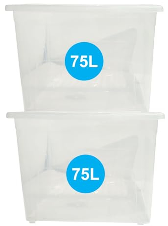 RelianceUK 80L Large Plastic Storage Boxes with Lids 2 Pack | 80 Litres Multipurpose Stackable Storage Box With Clear Lids, Clear Containers for Home Office Kitchen Garage Clothes Organiser
