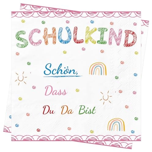 60Stück 3-lagig Servietten Schulanfang Einschulung Deko Servietten Schulkind Einschulung Schuleinführung Tischdeko Mädchen mit Zuckertüte Schulanfang Tischdeko Servietten mit Spruch 33x33cm