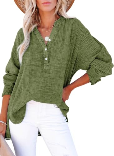 Dokotoo Summer Tops for Womens 2026 Button V Neck Long Sleeve Blouses Solid Lightweight Comfy Cotton Textured Fabrication Tunic Tops Oversized T Shirts Fall Fashion Office Lady Dark Green XL