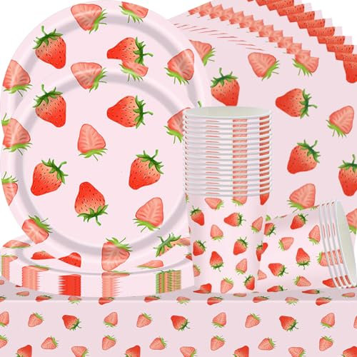 QWEPU Erdbeerparty Dekorationen, Mädchen Party Geschirr Set, Nachmittagstee Party Dekoration, Geburtstag Geschirr Set mit Teller, Becher, Servietten, Tischdecke (41PCS, 10Gäste)